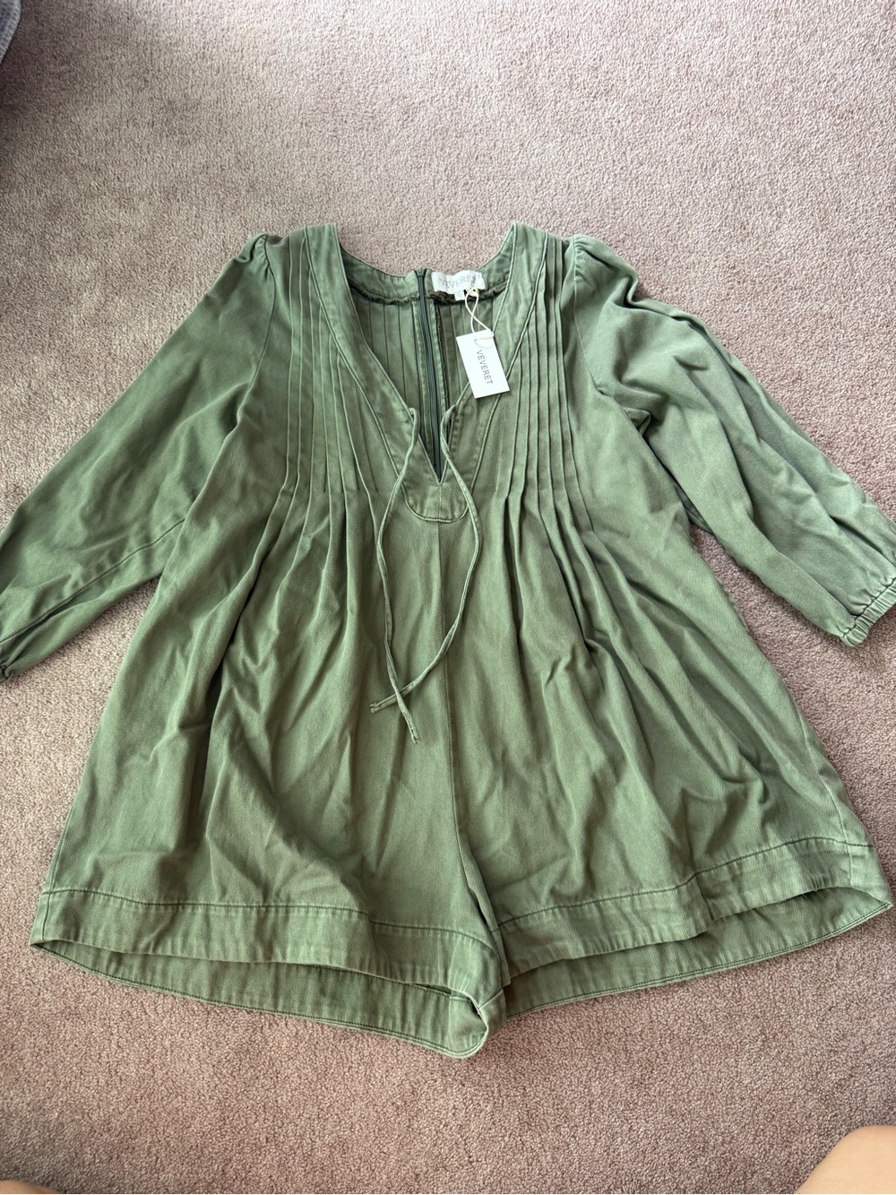 Olive Green Pleated V-Neck Romper